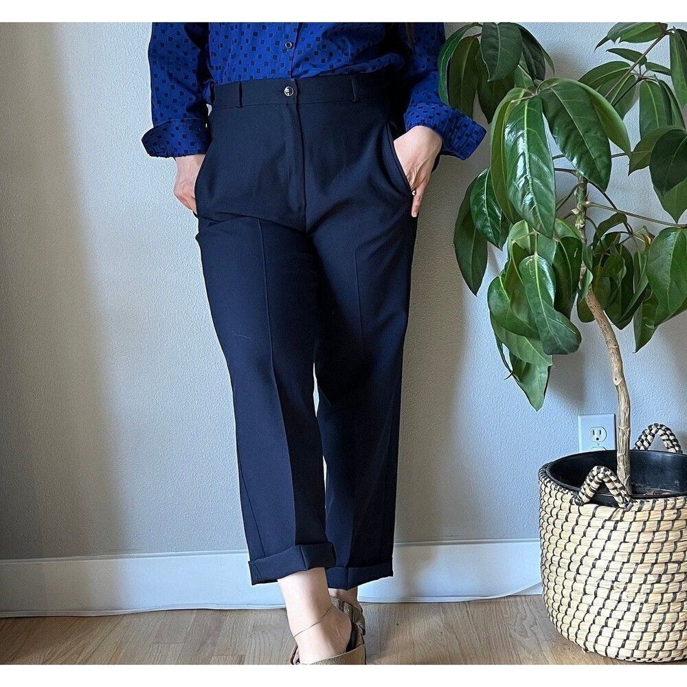 vintage navy blue high waisted trousers pants pockets‎ old money size 8 petite - Picture 10 of 10